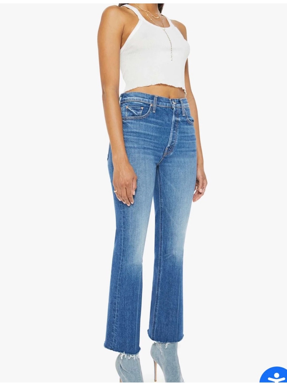 MOTHER “tripper ankle” Mid-Blue High-Rise bootcut-its a small world wash